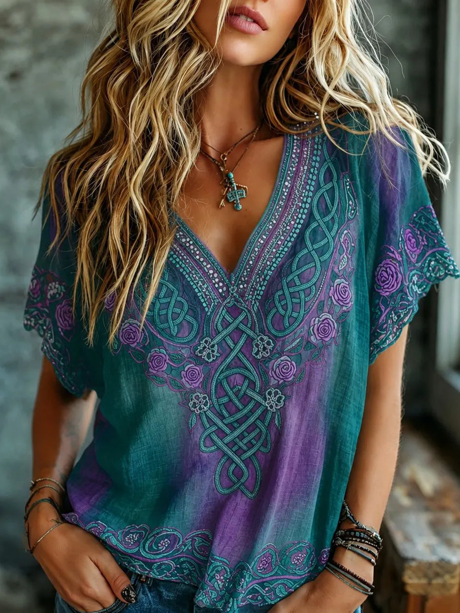 Women's Vintage Floral & Celtic Knot Embroidery Art V-neck Short Sleeve T-shirt