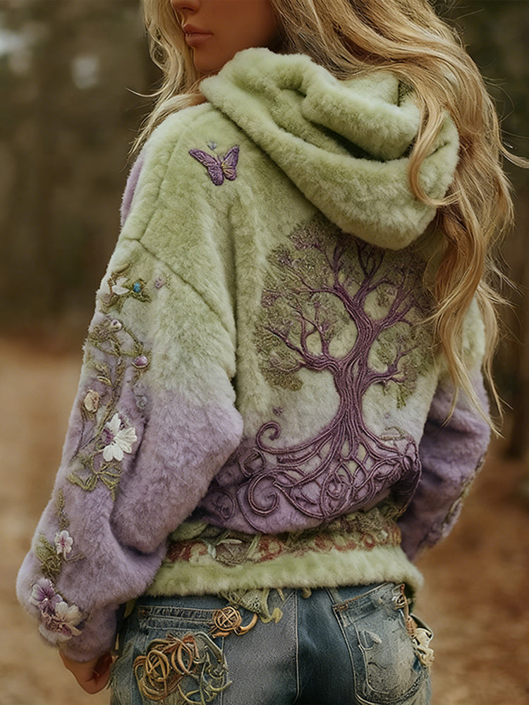 Women's Vintage Viking Tree Of Life Comfortable And Warm Hooded Fleece Sweater