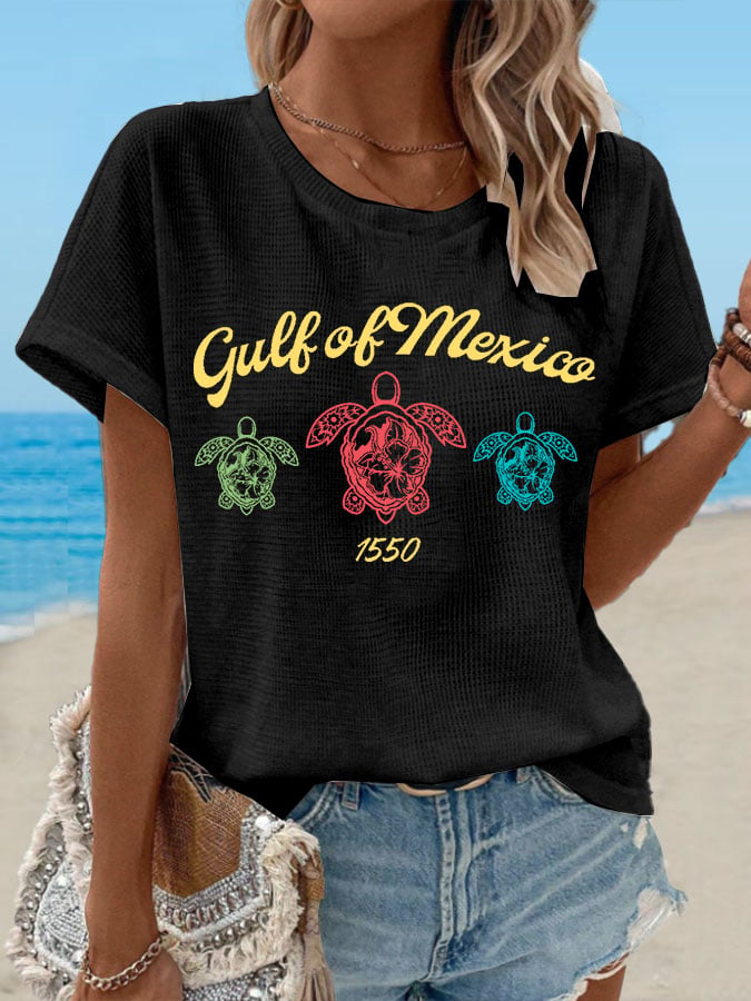 Women's Waffle Gulf Of Mexico Turtle Print T-Shirt