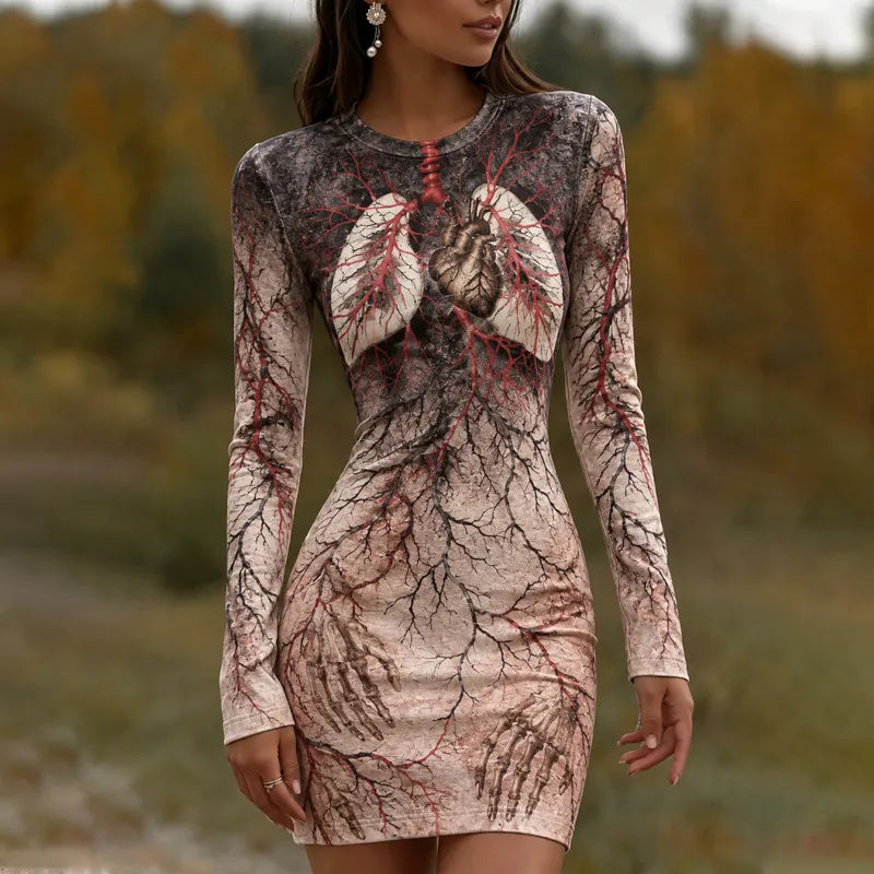 Women's Gothic Halloween Organ Skull Vascular Anatomy Art Bodycon Dress