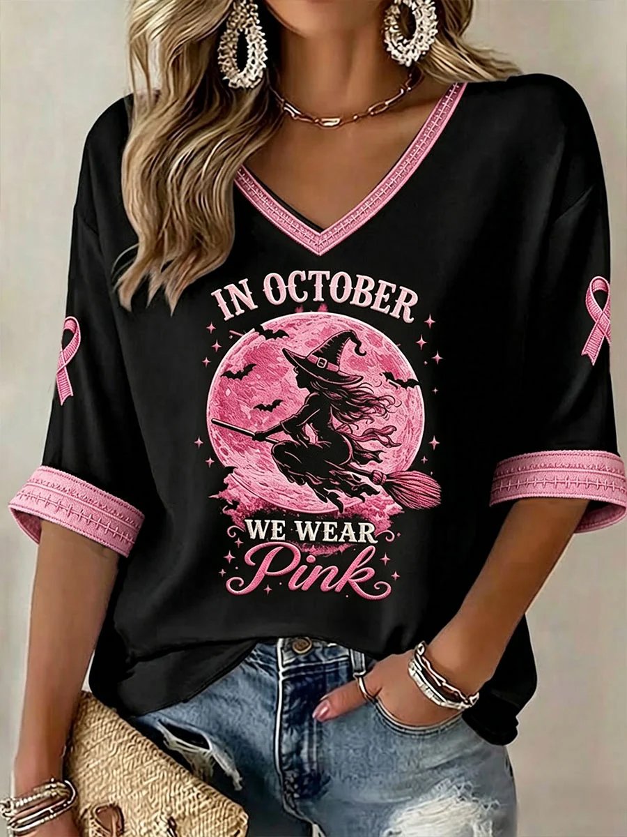 Women's In October We Wear Pink Halloween Witch Mid-length Sleeves V-Neck T-Shirt