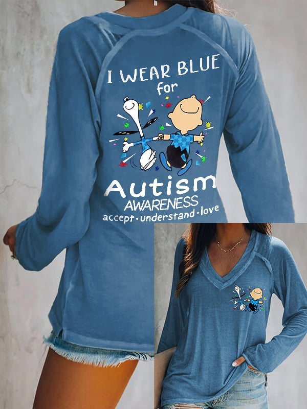 V-neck Retro Autism Awareness I Wear Blue For Autism Print T-Shirt