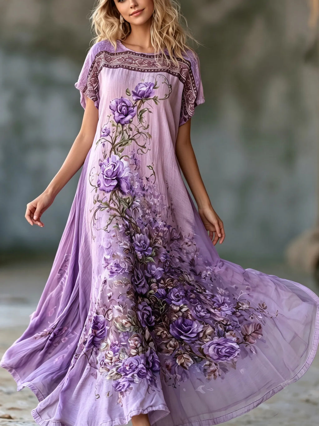 Women's Vintage Purple Roses Art Print Crew Neck Short Sleeve Maxi Dress