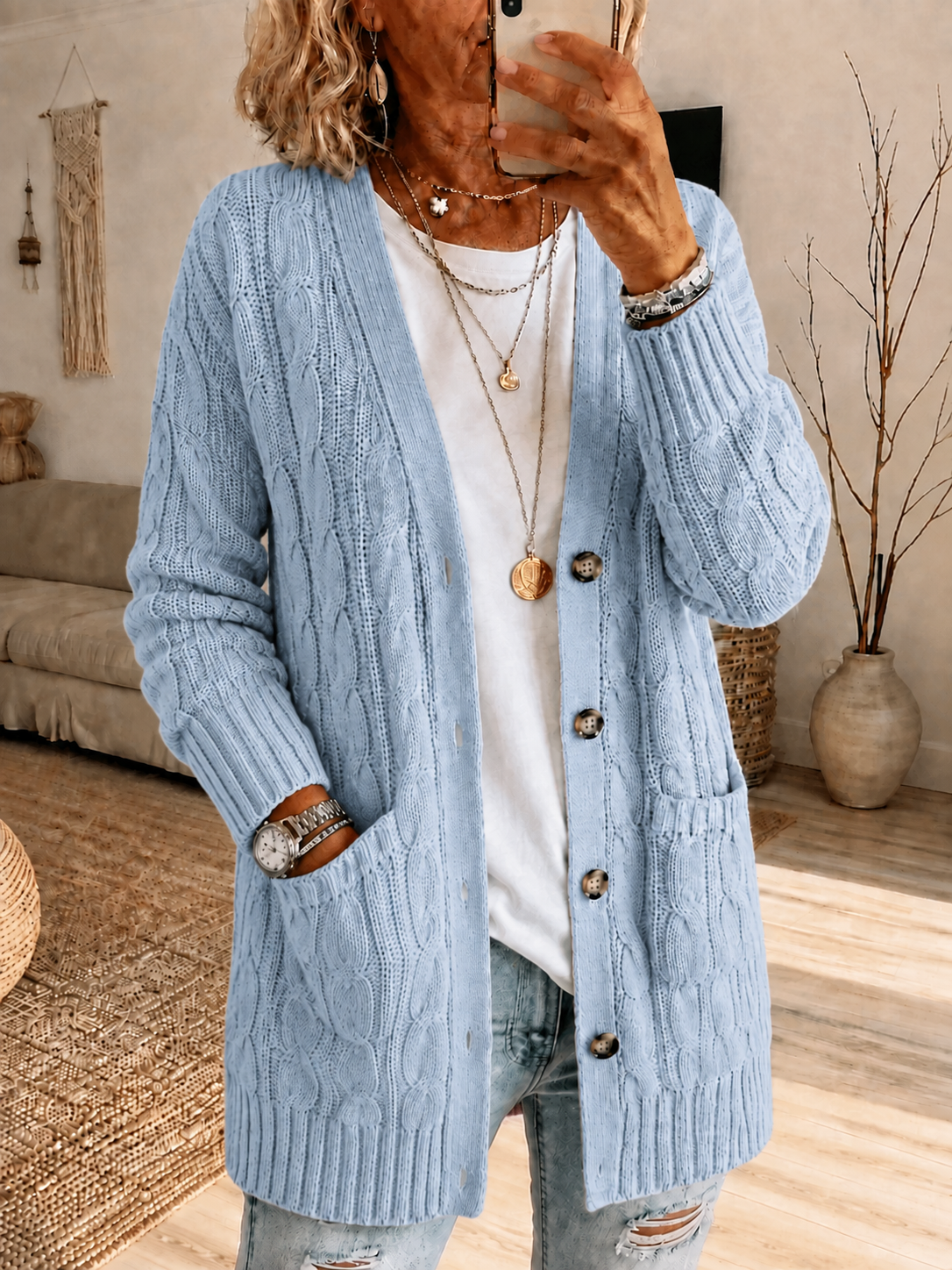 Women'S Pink Multi-Color Casual Cardigan Knitted Sweater Mid Length Top