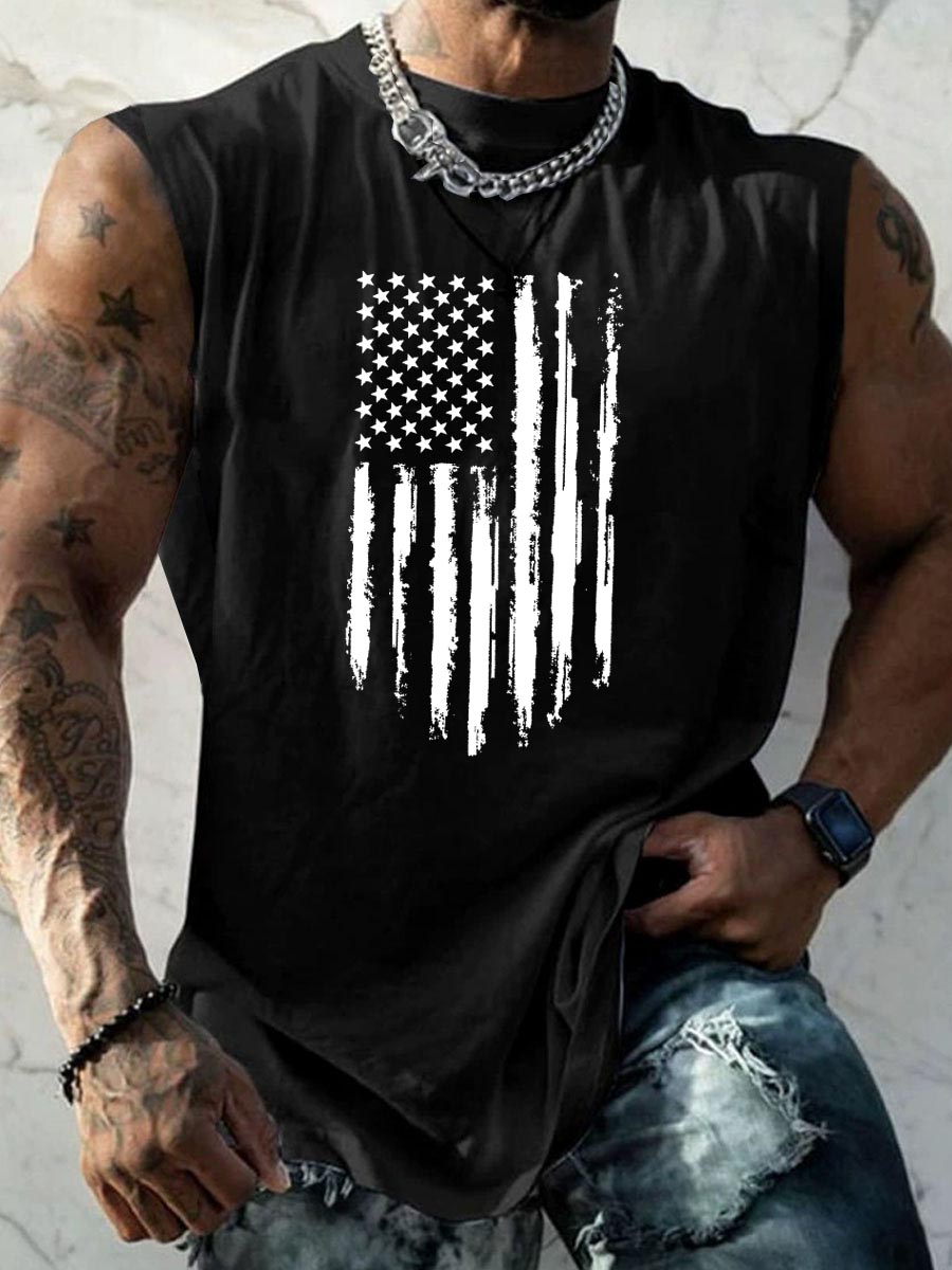 America Flag Pattern Round Neck 100% Cotton Tank Top