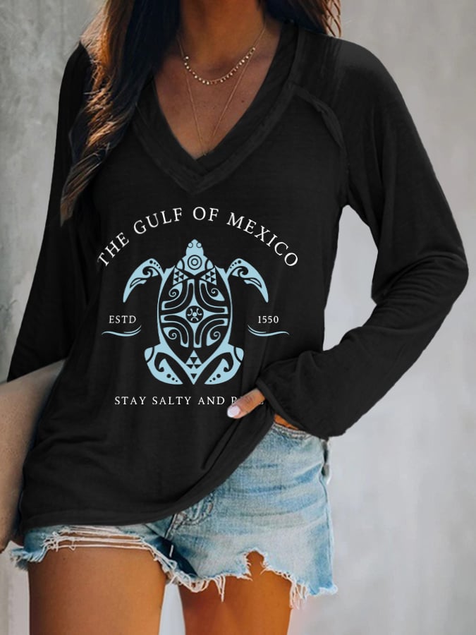 Women's Gulf Of Mexico Print V Neck T-Shirt