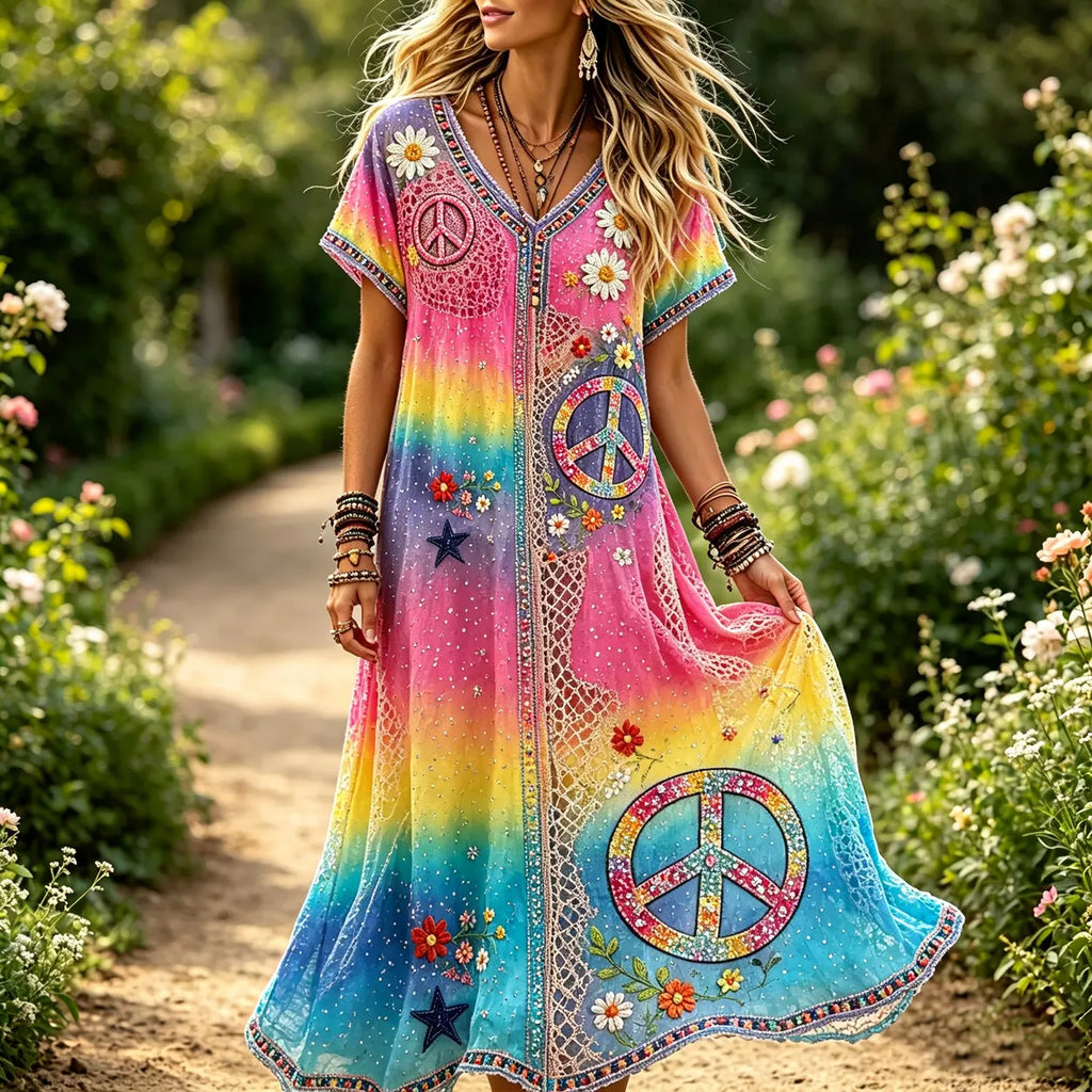 Women's Boho Hippie Floral Embroidery Art V Neck Short Sleeve Linen Blend Maxi Dress
