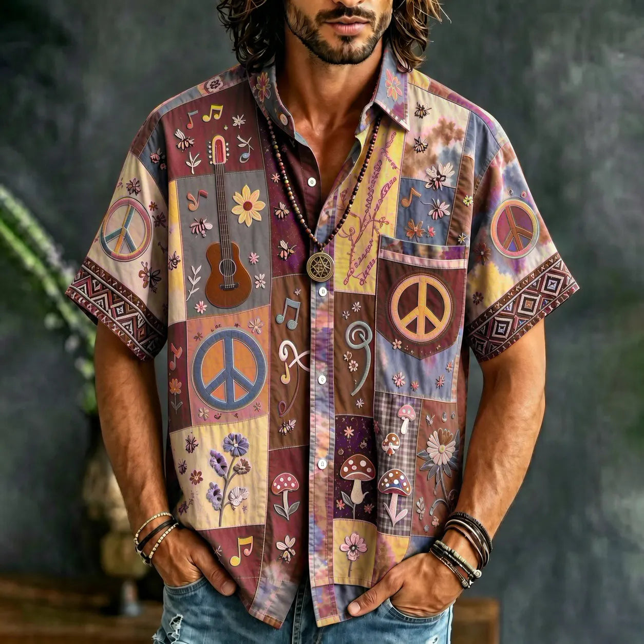 Men's Peace Sign And Guitar Hippie Patchwork Print Casual Shirt