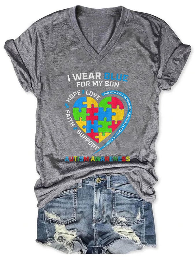 V-neck Autism Awareness I Wear Blue For My Son Print T-Shirt