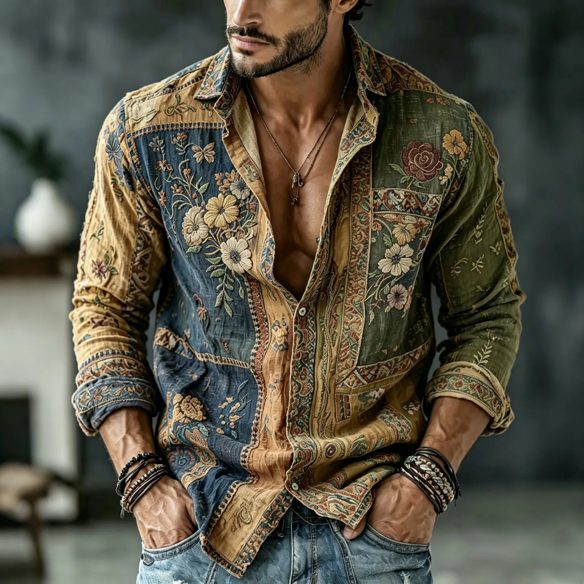 Men's Vintage Floral  Patchwork Embroidered Art Print Flowy Linen Blend Casual Shirt