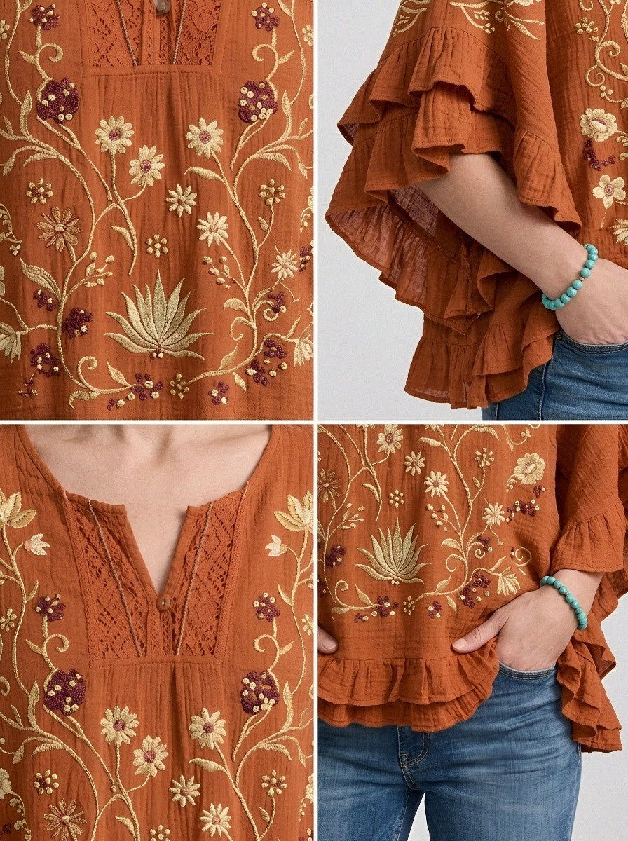 Women's Western Vintage Floral Embroidered Ruffle Sleeve Top