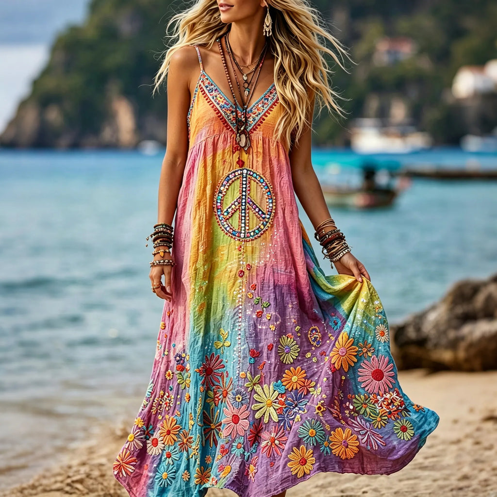 Women's Retro Hippie Peace Floral Embroidery Art V Neck Linen Blend Cami Maxi Dress