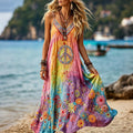 Women's Retro Hippie Peace Floral Embroidery Art V Neck Linen Blend Cami Maxi Dress