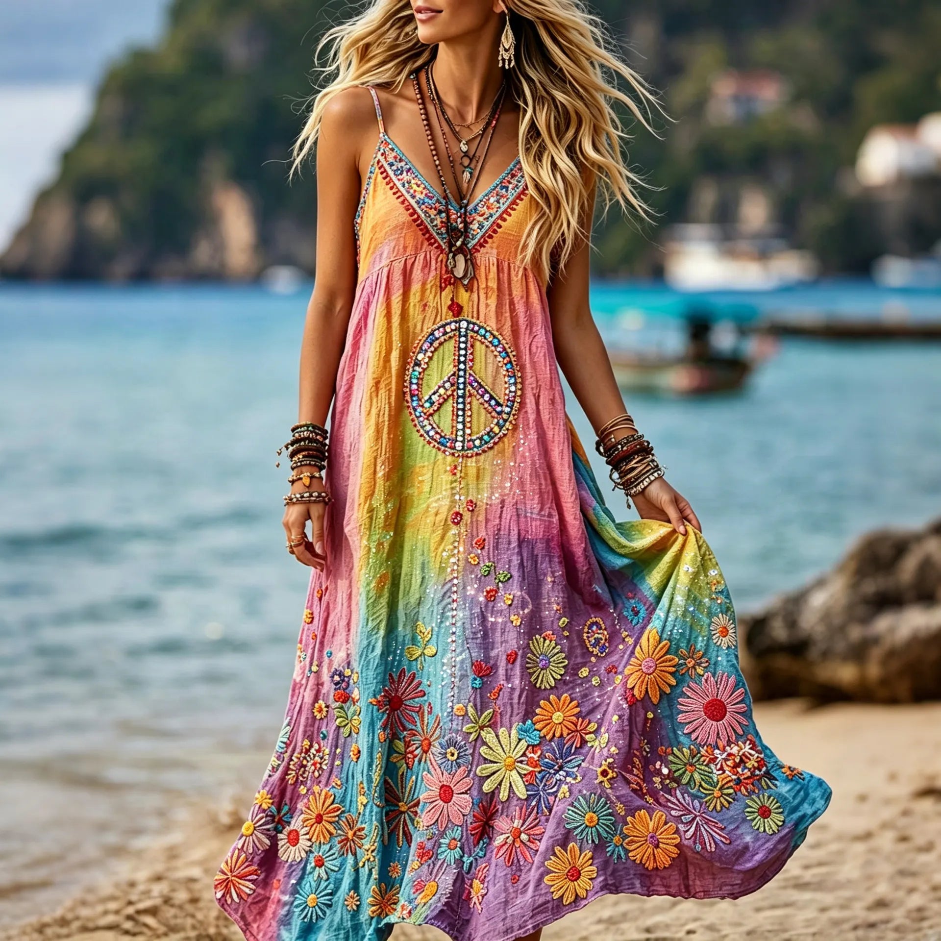 Women's Retro Hippie Peace Floral Embroidery Art V Neck Linen Blend Cami Maxi Dress