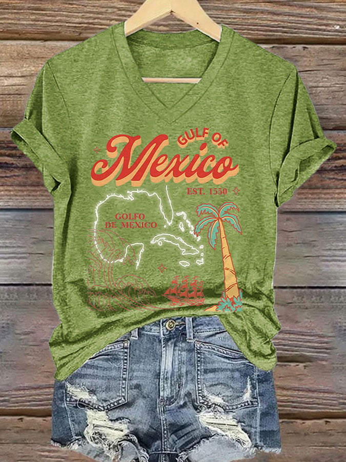 V-neck Retro Gulf Of Mexico Est.1550 Print T-Shirt