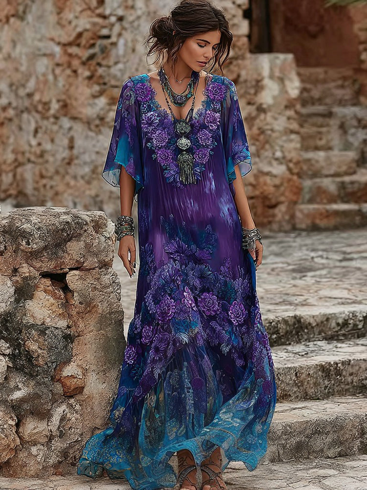 Women's Casual Purple Floral Gradient Short-sleeve Dress