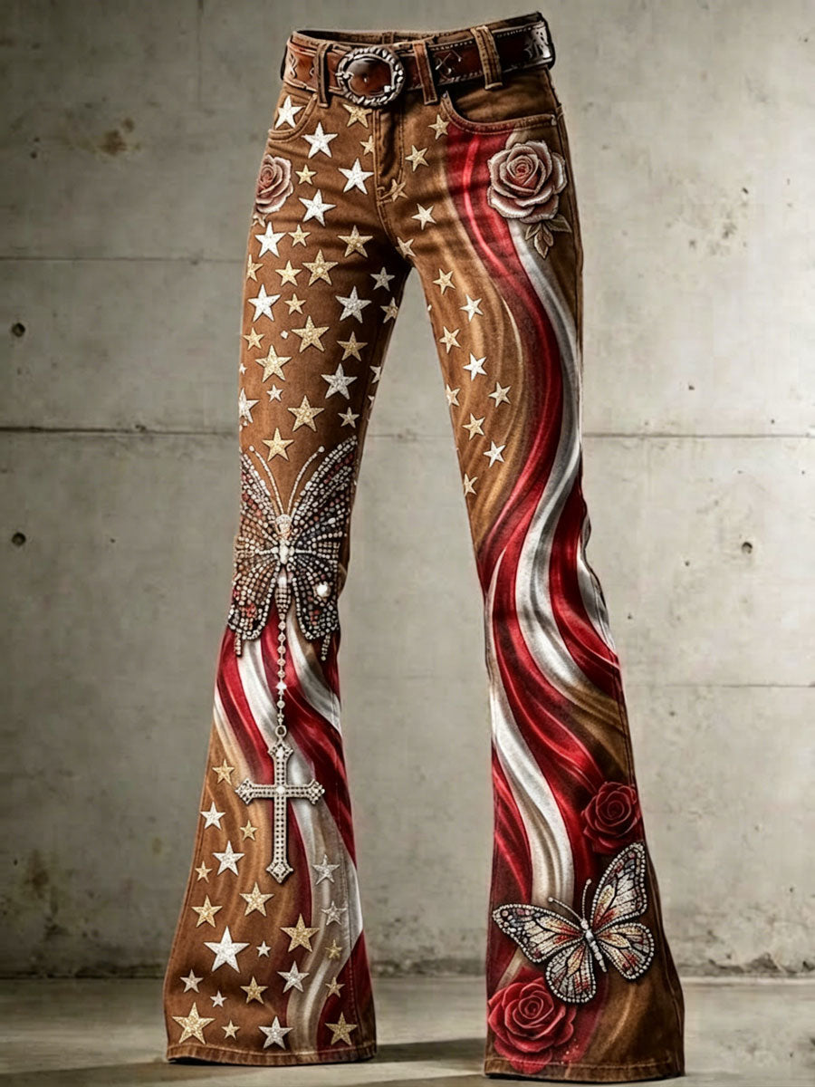 Women's High-Waisted Jeans with Cross, Flag, Butterfly, and Floral Patterns