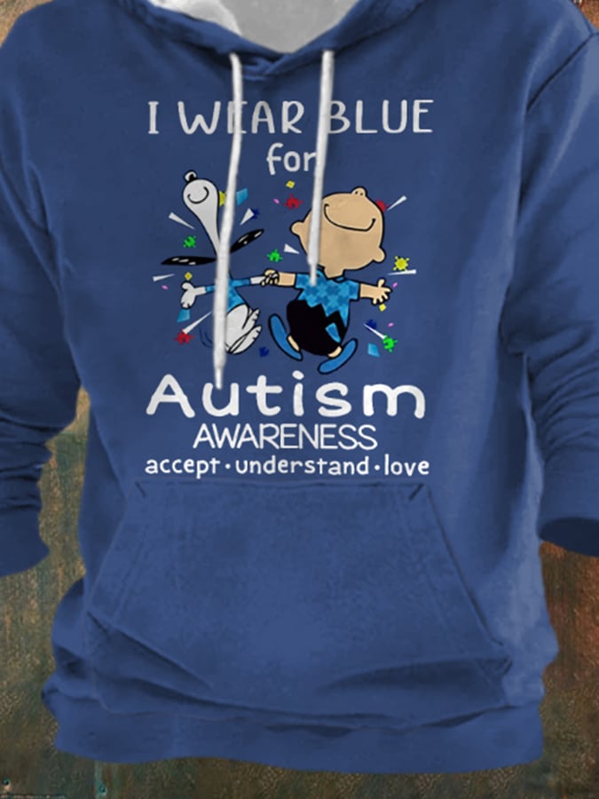Retro Autism Awareness I Wear Blue For Autism With Pocket Print Hoodie