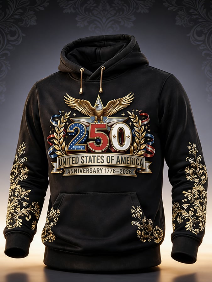 Men's Retro American 250th Anniversary Print Hooded Sweatshirt