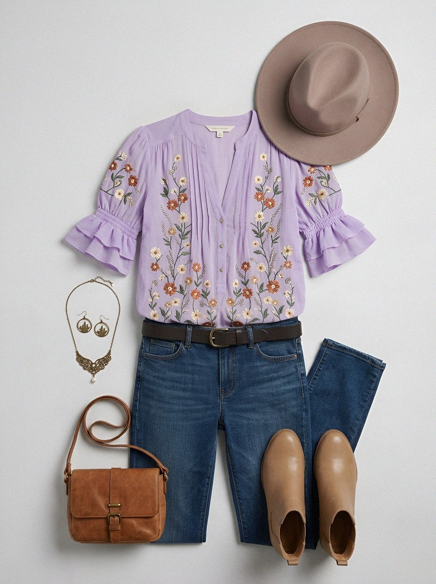 Women's Western Vintage Floral Embroidered Ruffle Sleeve Blouse