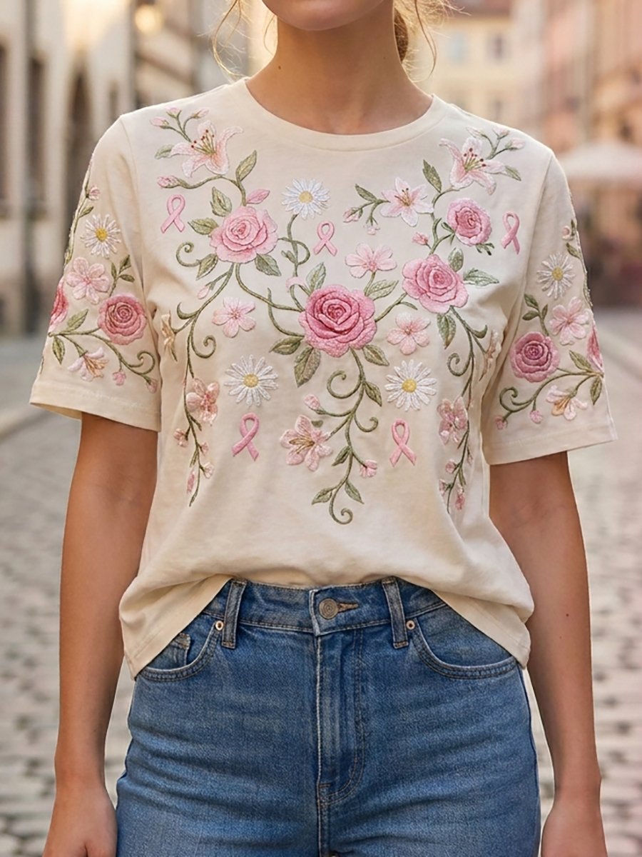 Women's Breast Cancer Awareness Floral Art Short-Sleeve T-Shirt