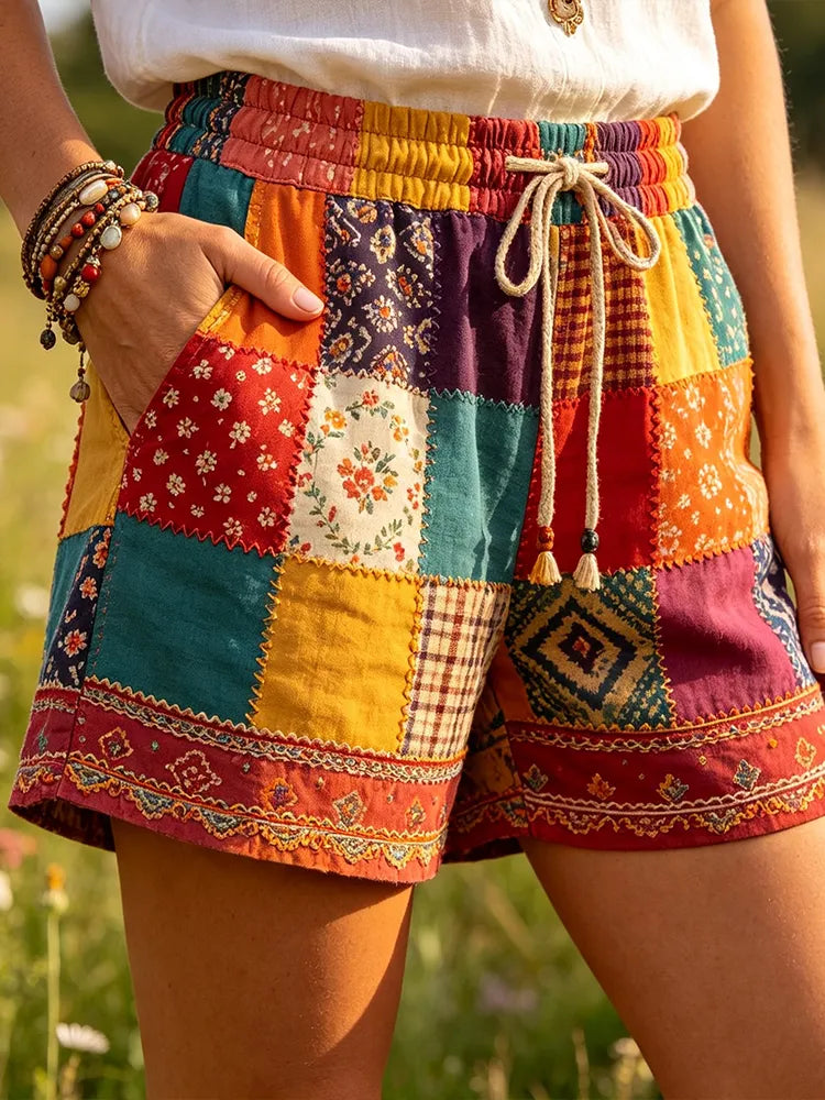 Women's Vintage Patchwork Shorts With Floral And Geometric Print