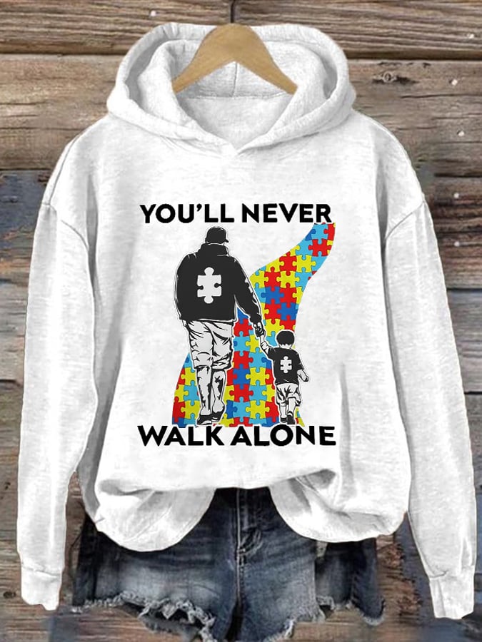 Retro Autism Awareness Dad And Son You'll Never Walk Alone Print Hoodie