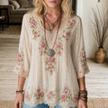 Women's Retro Bohemian Floral Embroidery Patchwork Casual Long-sleeve T-shirt