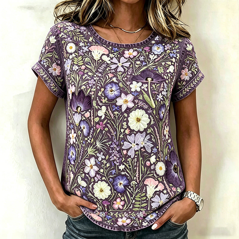 Vintage Pansy Wildflower Pattern Art Washed T Shirt
