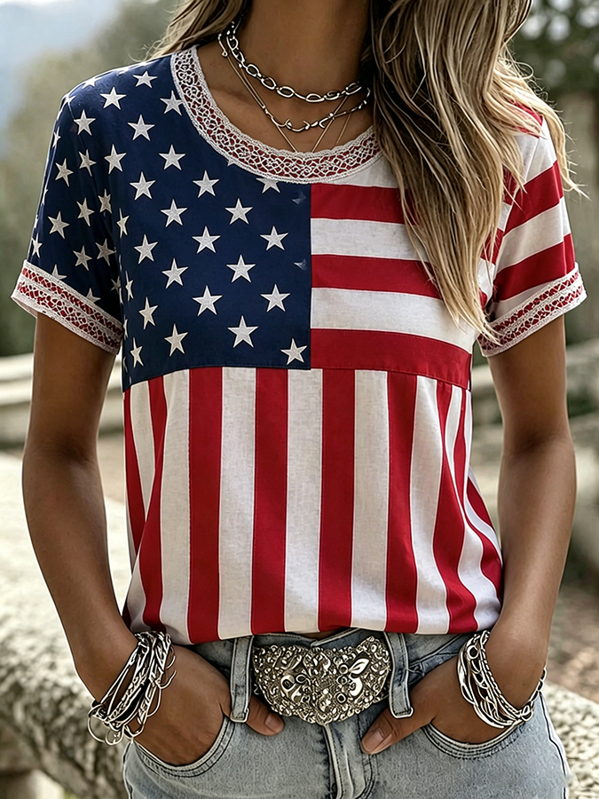 Women'S  America Flag Printed Casual T-Shirt