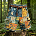 Men's Hippie Sun Moon Mushroom Music Note Patchwork Art Print Casual Shorts(no Belt)