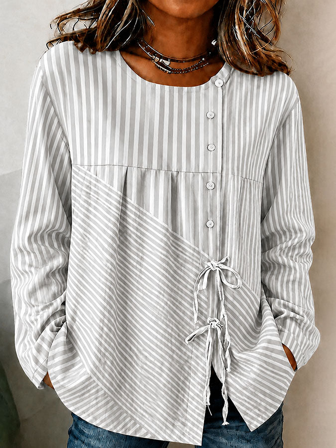 Women'S Breast Cancer Promotion Pink Stripe Art Printing Cotton Linen Long Sleeve Shirt