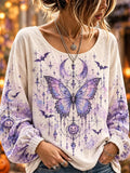 Women's Halloween Beige And Purple Butterfly Pumpkin Print Long Sleeve Top