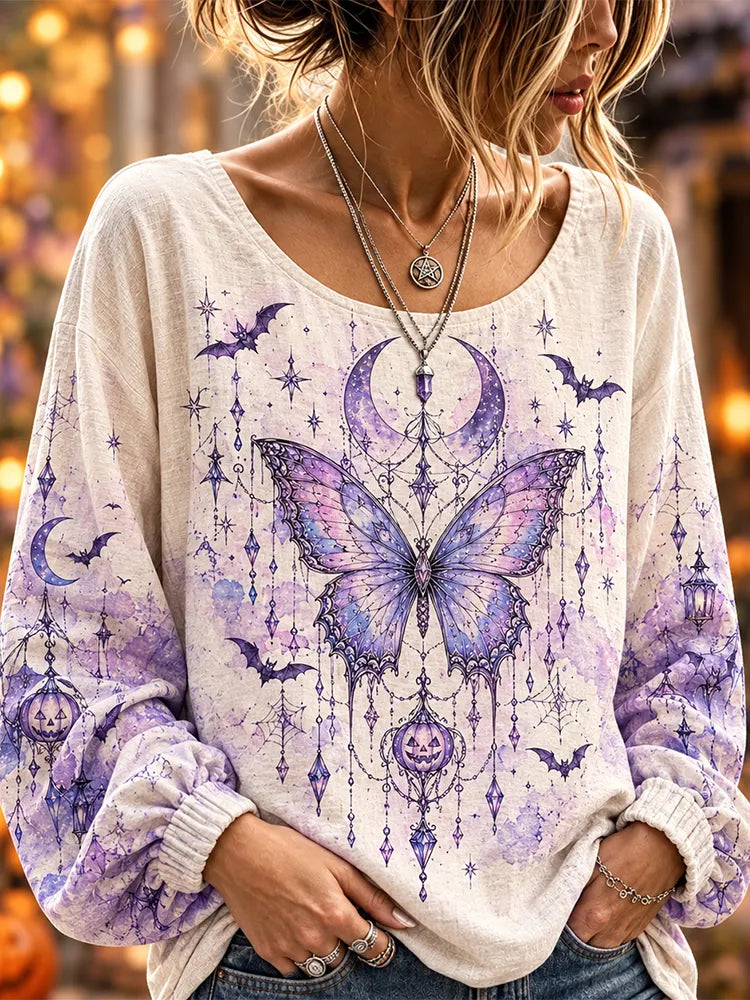 Women's Halloween Beige And Purple Butterfly Pumpkin Print Long Sleeve Top