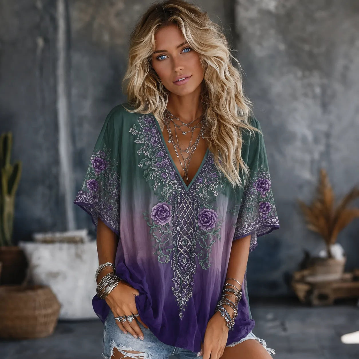 Women's Vintage Celtic Knot Floral Art Flowy Linen Blend Casual Tops