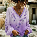 Women's Vintage Floral Print Gradient Long Sleeve Linen T-shirt