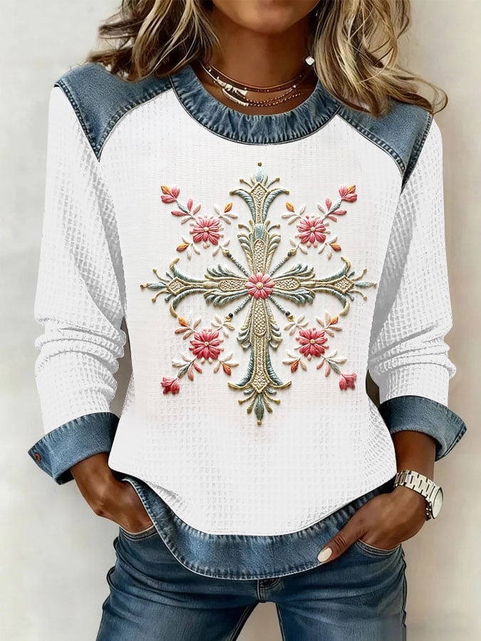 Women's Faith Print Patchwork Collar Sweatshirt