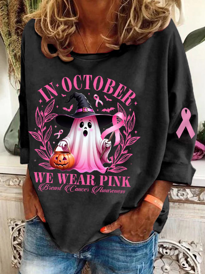 Women's In October We Wear Pink Halloween Ghost Breast Cancer Awareness Warrior Top