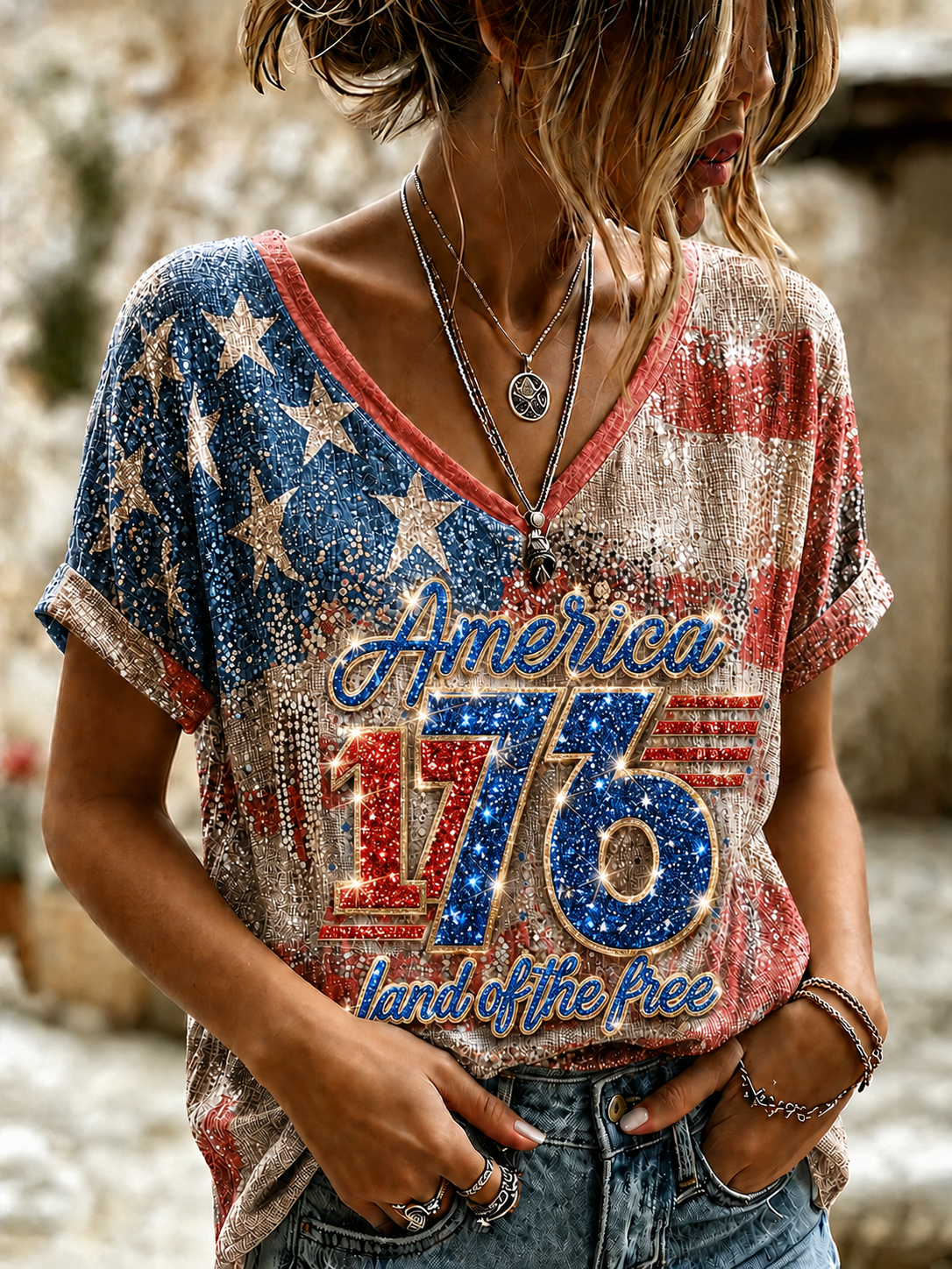 Women'S Retro Flag Celebration Printed Casual Short Sleeved T-Shirt
