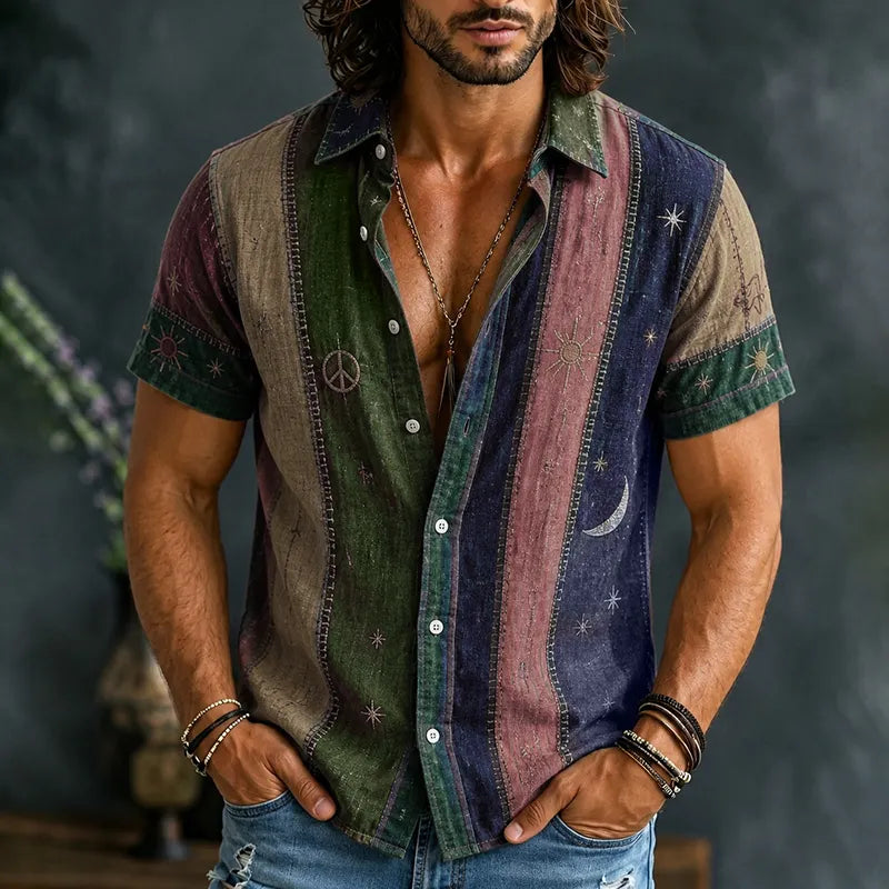 Men's Vintage Patchwork Peace Sign Sun Moon Star Art Print Shirt