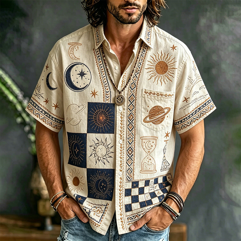 Vintage Hippie Sun & Moon Checkerboard Embroidered Shirt