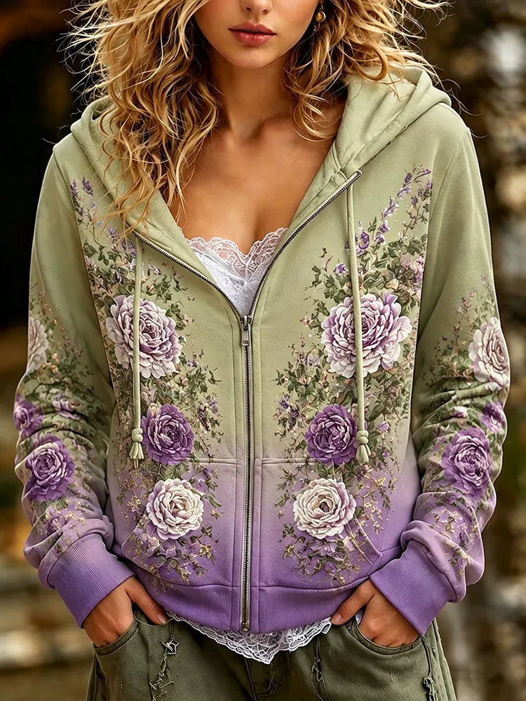 Women's Retro Bohemian Floral Print Casual Zipper Hooded