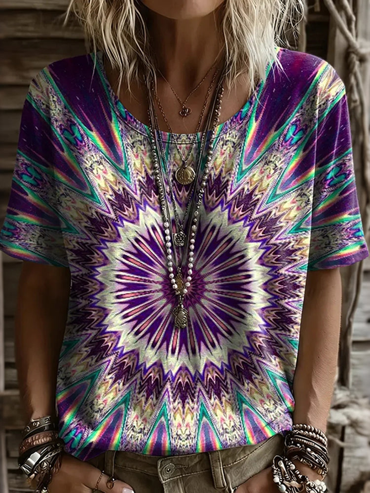 Women's Retro Tie Dye Geometric Art Print Crew Neck Short Sleeve Casual T-shirt