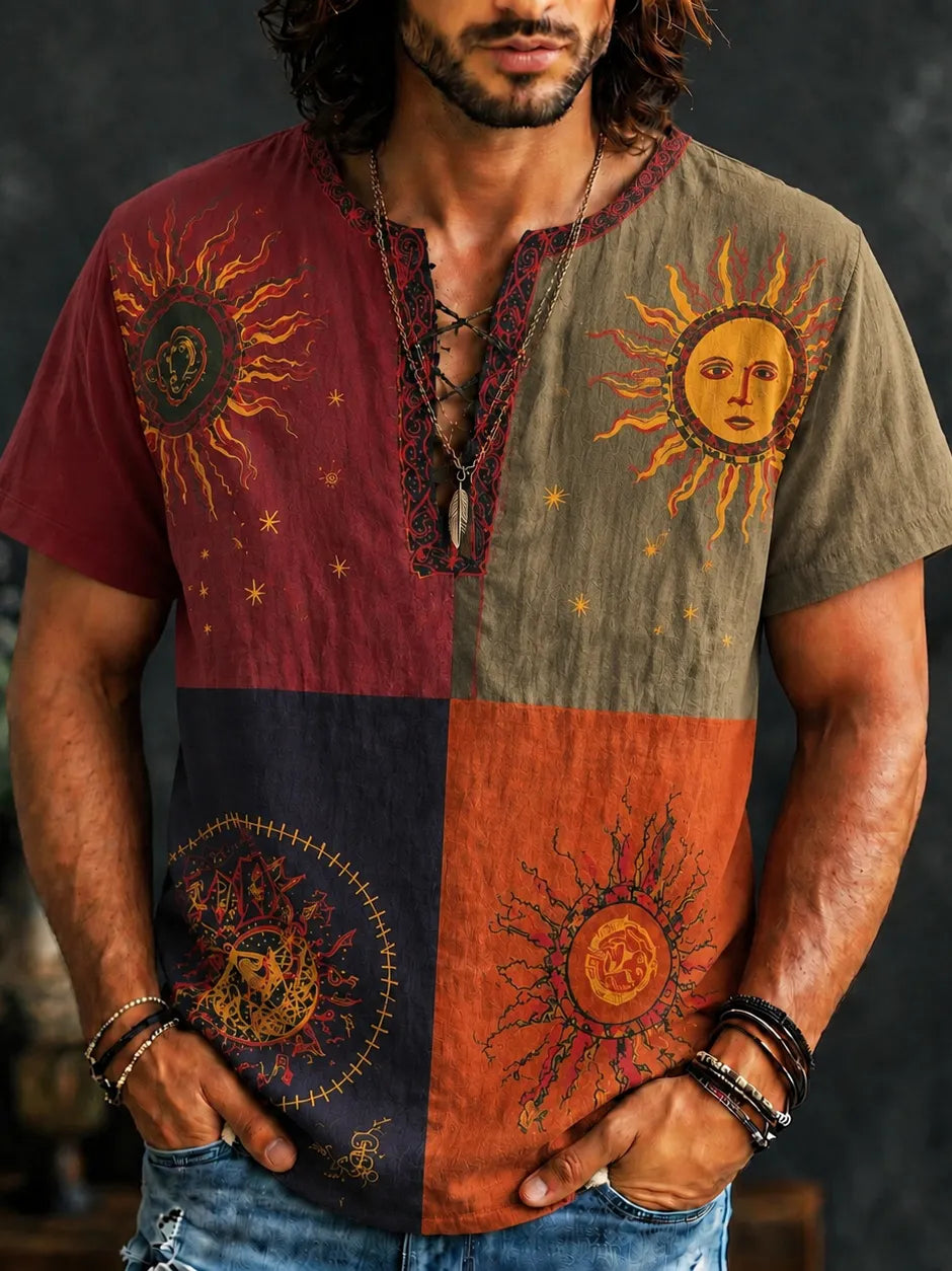 Men's Sun Face Art Patchwork Print V-shaped Petite Henry Collarl Shirt