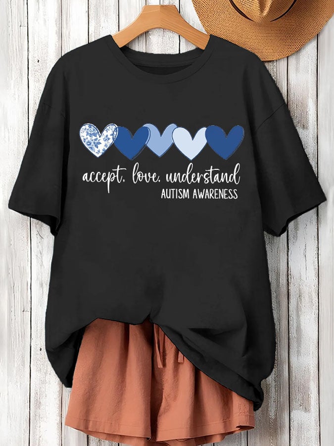 Women's Accept Love Understand Autism Awareness  Printed Short-Sleeved T-Shirt