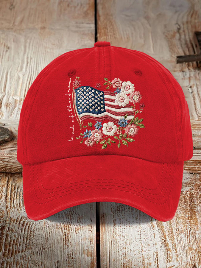 Retro Independence Day Flowers Land Of The Free Print Baseball Cap