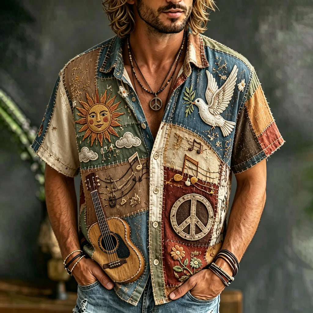 Men's Vintage Hippie Patchwork Peace Sign Guitar Sun Dove 3d Embroidery Button Down Casual Blouse