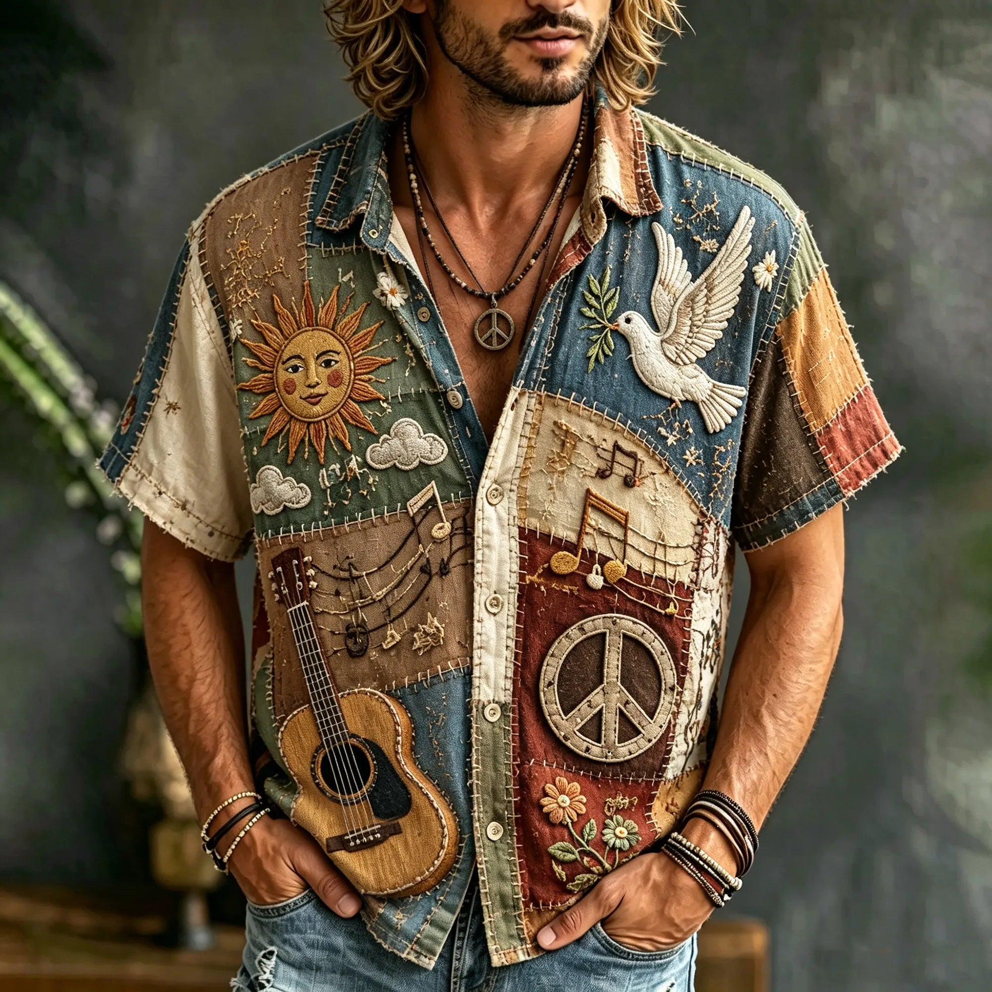 Men's Vintage Hippie Patchwork Peace Sign Guitar Sun Dove 3d Embroidery Button Down Casual Blouse