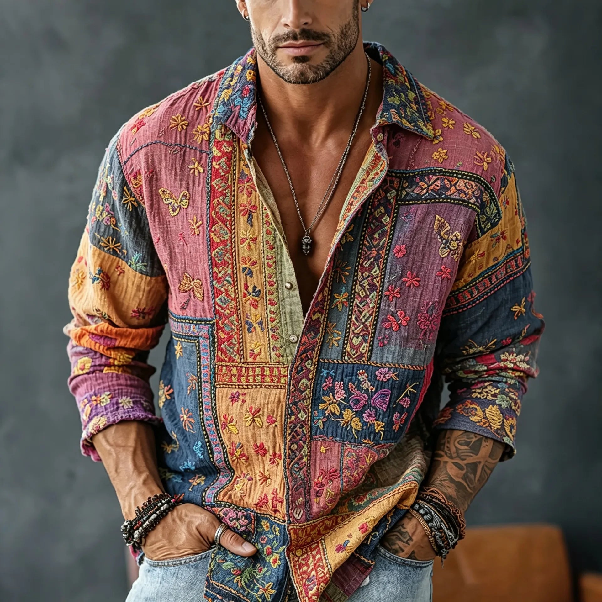 Men's Vintage Floral  Patchwork Embroidered Art Print Flowy Linen Blend Casual Shirt