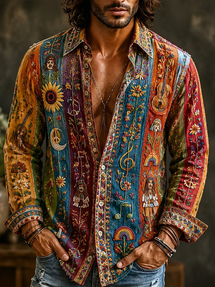 Men's Hippie Music And Floral Art Patchwork Vintage Cotton Linen Lapel Long Sleeve Shirt